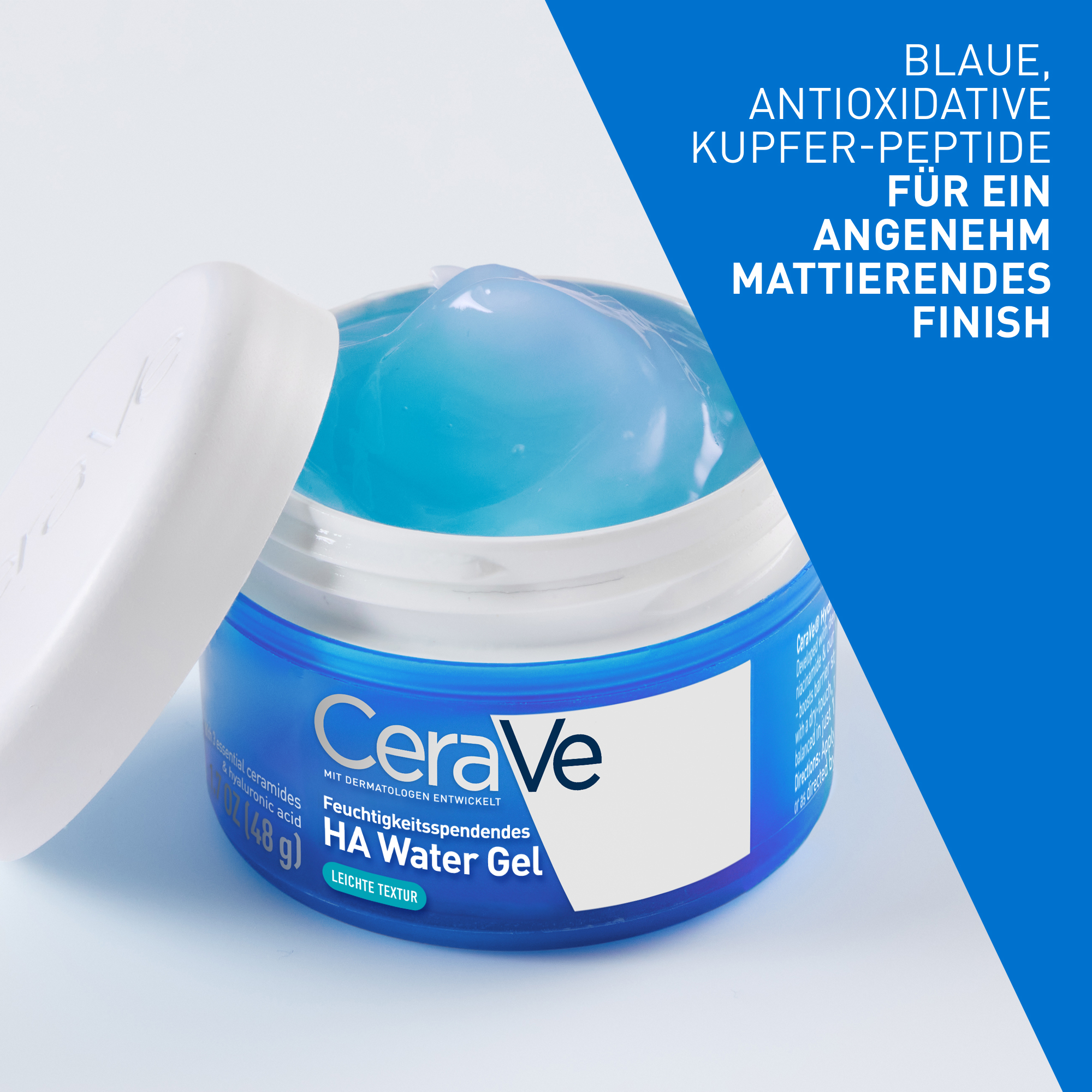 Blaues Tiegel mit weißem Deckel. Gel-Textur daneben. Aufschrift: CeraVe, HA Water Gel. Text: Mattierendes Finish.